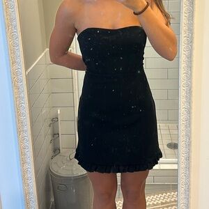 Strapless Black Mini Dress with Ruffle Hem